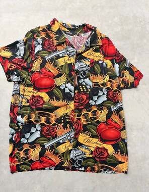 Buffalo Outdoors Men's Rayon Button Up Biker Tattoo Art Old School Lucky Shirt 3